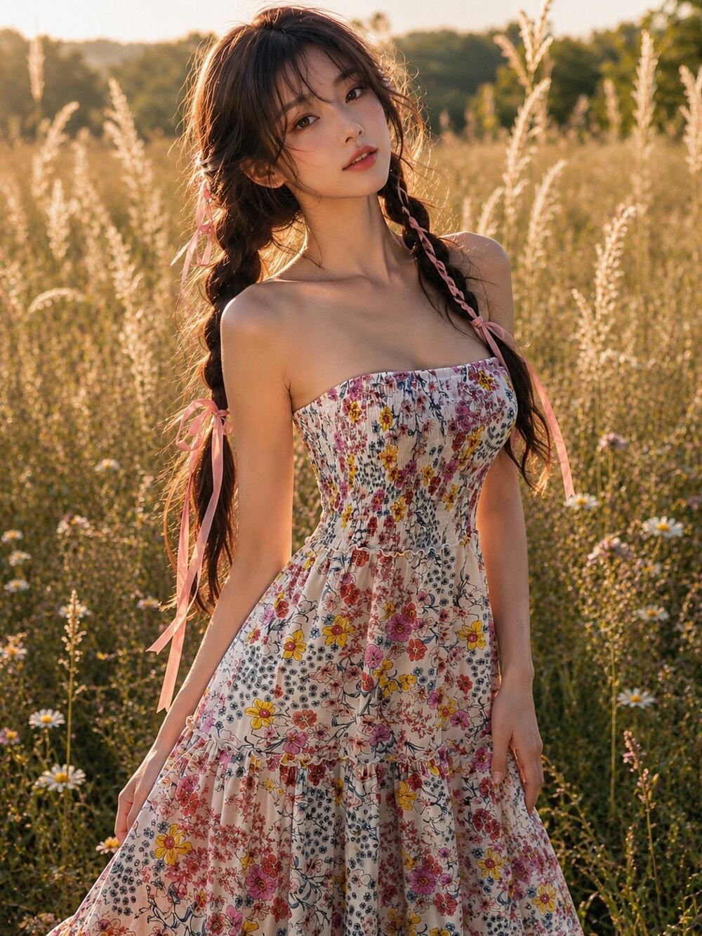 Sunny with a Chance of Blooms strapless smocked twirly maxi dress